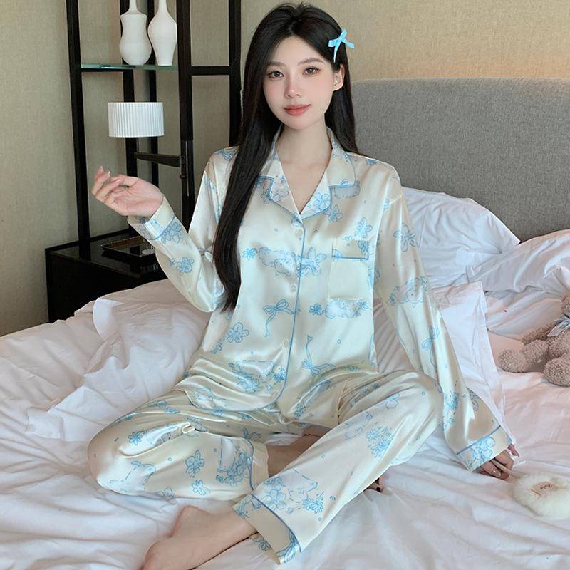 „Langärmliger Luxus-Pyjama aus Eisseide mit Bienen-Print für Frühling und Sommer – Zweiteiliges Damen-Set“ L (100-115 jin) von Joom DACH