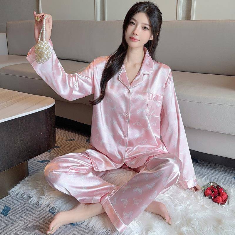 „Langärmliger Luxus-Pyjama aus Eisseide mit Bienen-Print für Frühling und Sommer – Zweiteiliges Damen-Set“ M (80-100 jin) von Joom DACH