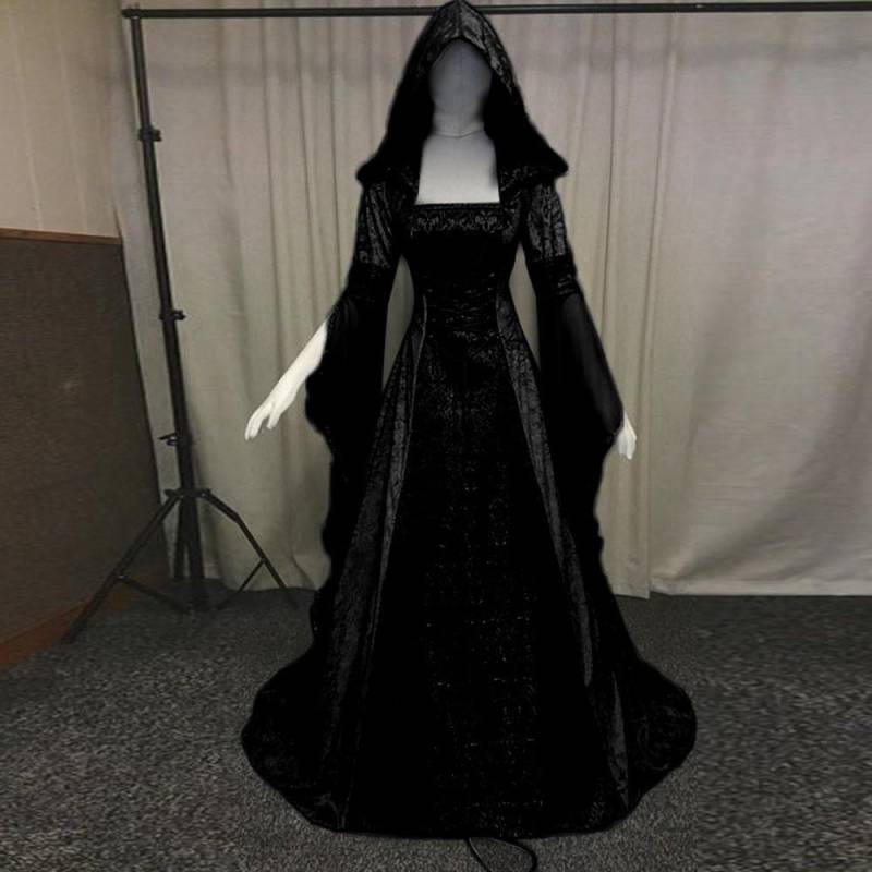 Langärmliges, bodenlanges Cosplay-Kleid für Damen mit Kapuzenrock XXXXL schwarz von Joom DACH