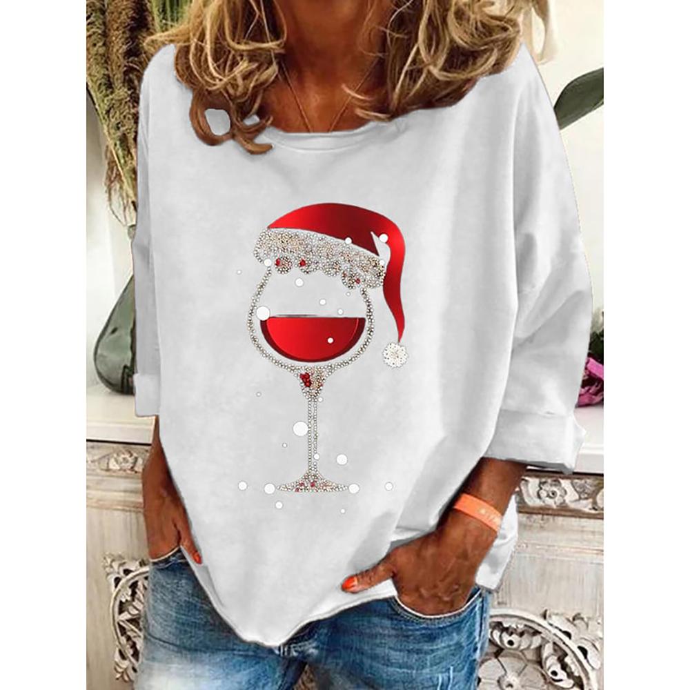 Langärmliges Baumwoll-T-Shirt mit weihnachtlichem Weinbecher-Aufdruck für Damen, Oberteil mit Weihnachtsaufdruck, modische Damen-Übergrößen, O-Ausschnitt 2XL von Joom DACH