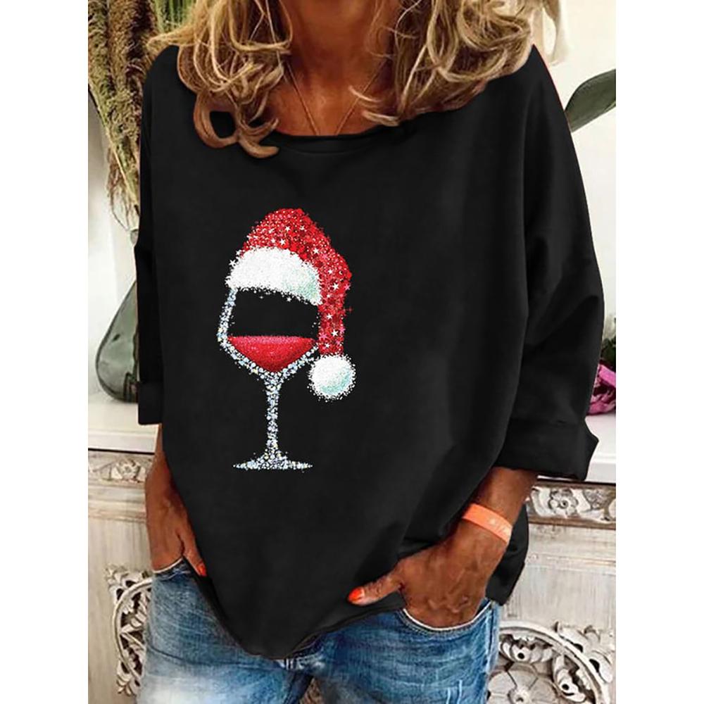 Langärmliges Baumwoll-T-Shirt mit weihnachtlichem Weinbecher-Aufdruck für Damen, Oberteil mit Weihnachtsaufdruck, modische Damen-Übergrößen, O-Ausschnitt 8XL Langärmliges Baumwoll-T-Shirt mit weihnachtlichem Weinbecher-Aufdruck für Damen, Oberteil mit Weihnachtsaufdruck, modische Damen-Übergrößen, O-Ausschnitt 8XL von Joom DACH