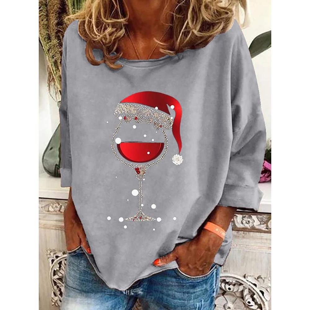 Langärmliges Baumwoll-T-Shirt mit weihnachtlichem Weinbecher-Aufdruck für Damen, Oberteil mit Weihnachtsaufdruck, modische Damen-Übergrößen, O-Ausschnitt XL von Joom DACH