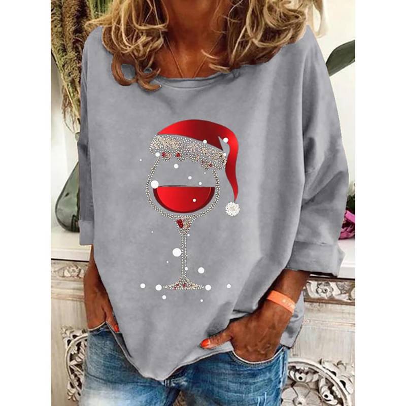 Langärmliges Baumwoll-T-Shirt mit weihnachtlichem Weinbecher-Aufdruck für Damen, Oberteil mit Weihnachtsaufdruck, modische Damen-Übergrößen, O-Ausschnitt XL von Joom DACH