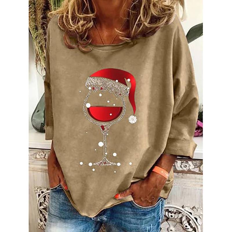 Langärmliges Baumwoll-T-Shirt mit weihnachtlichem Weinbecher-Aufdruck für Damen, Oberteil mit Weihnachtsaufdruck, modische Damen-Übergrößen, O-Ausschnitt XL von Joom DACH