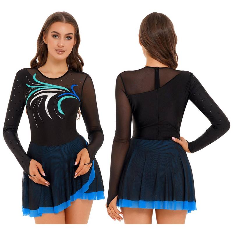 Langärmliges Eiskunstlauf-Kleid für Damen, Netz-Strass-Rollschuh-Lyrik-Tanzkostüm, Ballett-Trikot-Kleid L grün/blau von Joom DACH