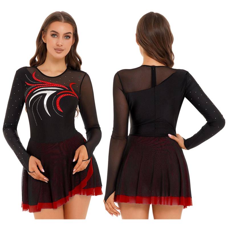Langärmliges Eiskunstlauf-Kleid für Damen, Netz-Strass-Rollschuh-Lyrik-Tanzkostüm, Ballett-Trikot-Kleid M rot von Joom DACH