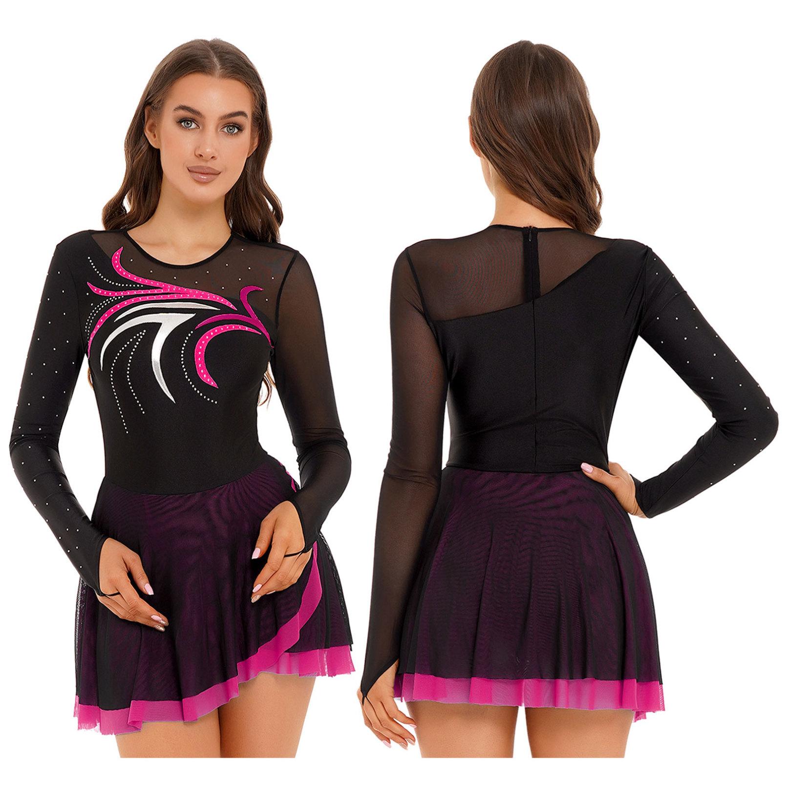 Langärmliges Eiskunstlauf-Kleid für Damen, Netz-Strass-Rollschuh-Lyrik-Tanzkostüm, Ballett-Trikot-Kleid S heißes rosa von Joom DACH