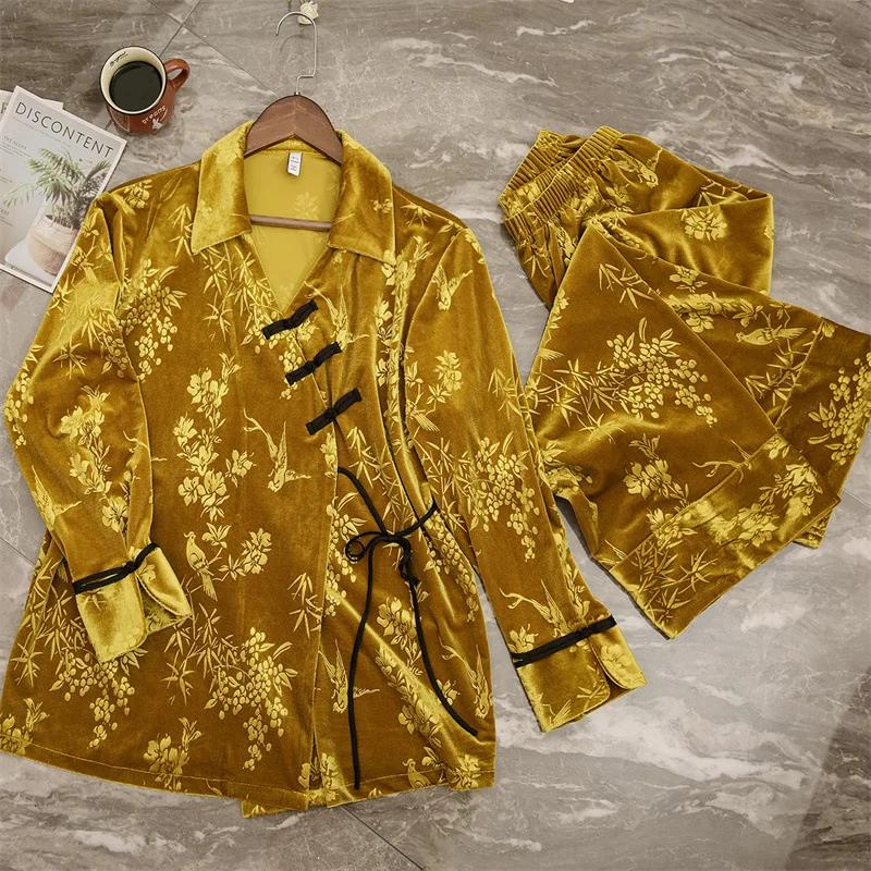 Langarm 2-teiliger Heimanzug Jacquard-Velours-Loungewear Vintage-Kleidung im chinesischen Stil für Damen, warme Winter-Nachtwäsche, Damen-Pyjama-Sets M von Joom DACH
