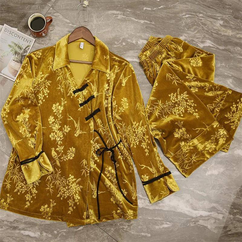 Langarm 2-teiliger Heimanzug Jacquard-Velours-Loungewear Vintage-Kleidung im chinesischen Stil für Damen, warme Winter-Nachtwäsche, Damen-Pyjama-Sets M von Joom DACH