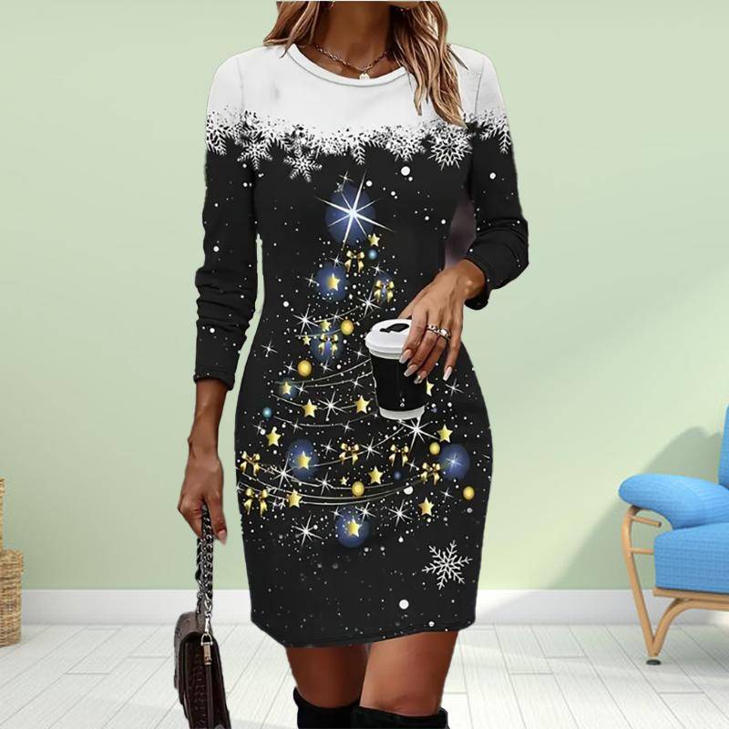 Langarm Bodycon 3D Kreative Weihnachtsbaum Blumen Druck Kleid Frauen Mini Kleider Herbst Dünne Stretchy Party Vestidos M schwarz von Joom DACH
