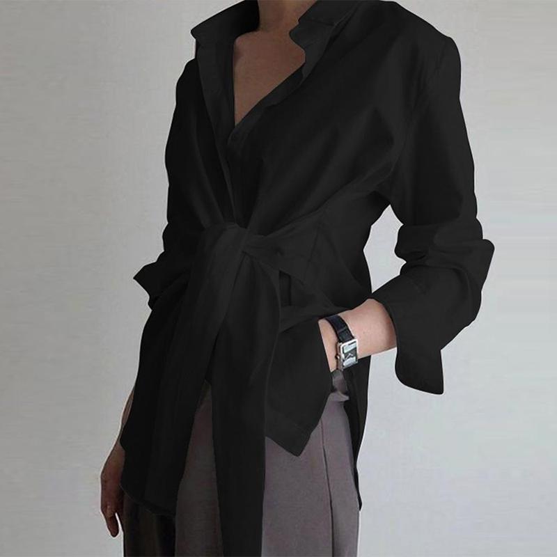 Langarm Frauen Shirt Frauen Baumwolle Büro Blusen Taste Weiße Blusen Weibliche Geraffte Schwarz Lose Shirts Für 18659 XXL schwarz von Joom DACH