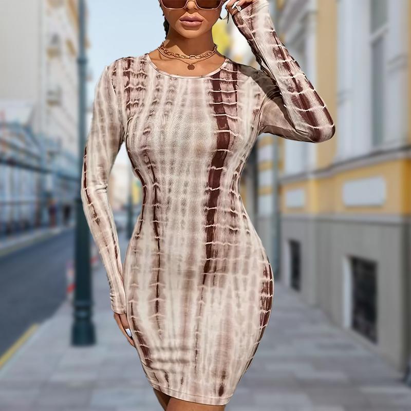 Langarm Leopard 3D Print Kleid Frauen Mini Kleider Herbst Dünne Stretchy Party Vestidos XL braun von Joom DACH