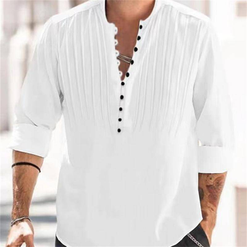 Langarm Männer Einfarbig Knöpfe Plissee Hemden Herren Frühling Herbst Tops Weiß Schwarz Baumwolle Leinen Hemd Mann XXXL weiß von Joom DACH