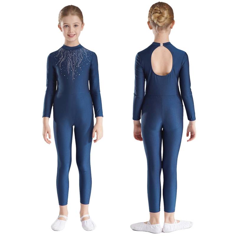 Langarm-Overall mit Strass-Dekor für Mädchen, für Ballett, Gymnastik, Akrobatik, Yoga, Workout, Ganzkörper-Stretch-Uniform für Eiskunstlauf 11-12 Years navy blau von Joom DACH