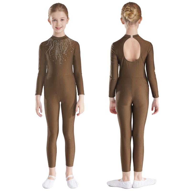 Langarm-Overall mit Strass-Dekor für Mädchen, für Ballett, Gymnastik, Akrobatik, Yoga, Workout, Ganzkörper-Stretch-Uniform für Eiskunstlauf 15-16 Years braun von Joom DACH