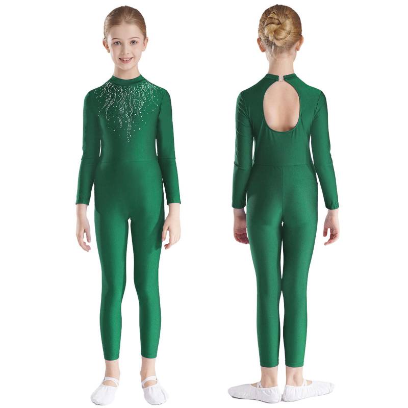 Langarm-Overall mit Strass-Dekor für Mädchen, für Ballett, Gymnastik, Akrobatik, Yoga, Workout, Ganzkörper-Stretch-Uniform für Eiskunstlauf 5-6 Years grün von Joom DACH