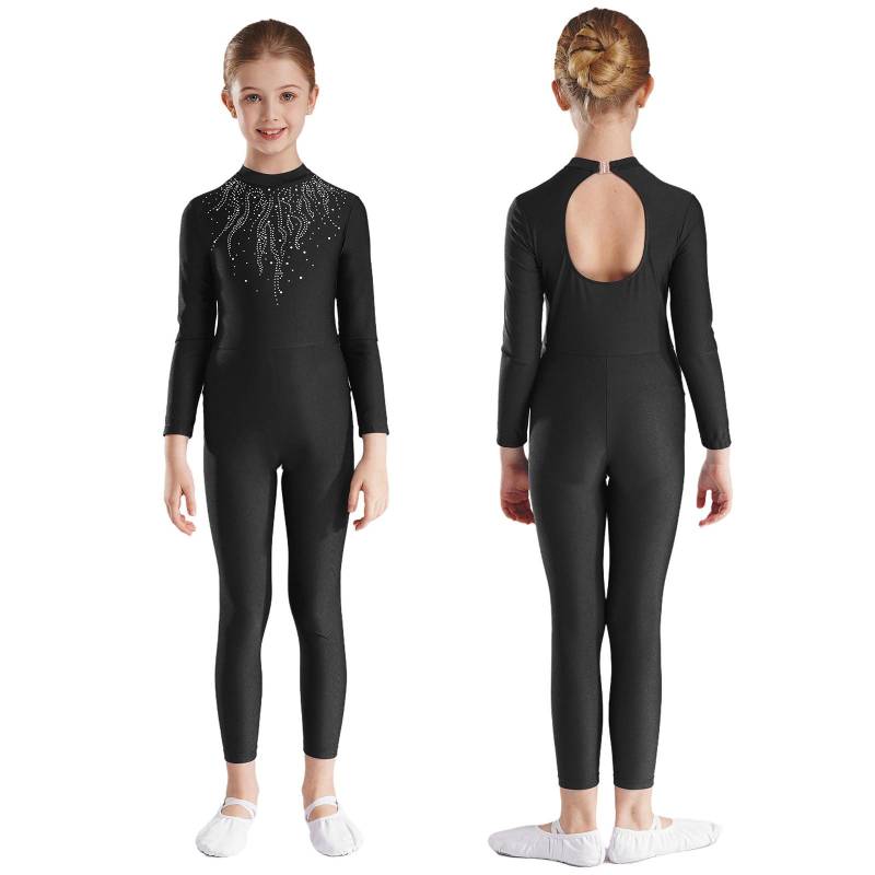 Langarm-Overall mit Strass-Dekor für Mädchen, für Ballett, Gymnastik, Akrobatik, Yoga, Workout, Ganzkörper-Stretch-Uniform für Eiskunstlauf 7-8 Years schwarz von Joom DACH