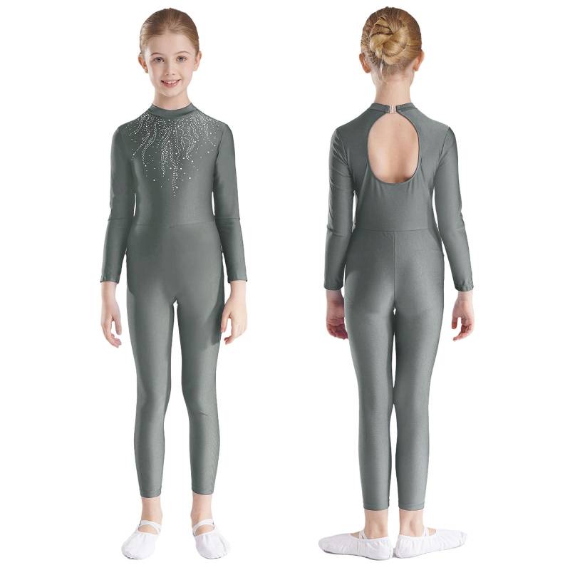 Langarm-Overall mit Strass-Dekor für Mädchen, für Ballett, Gymnastik, Akrobatik, Yoga, Workout, Ganzkörper-Stretch-Uniform für Eiskunstlauf 9-10 Years graue von Joom DACH