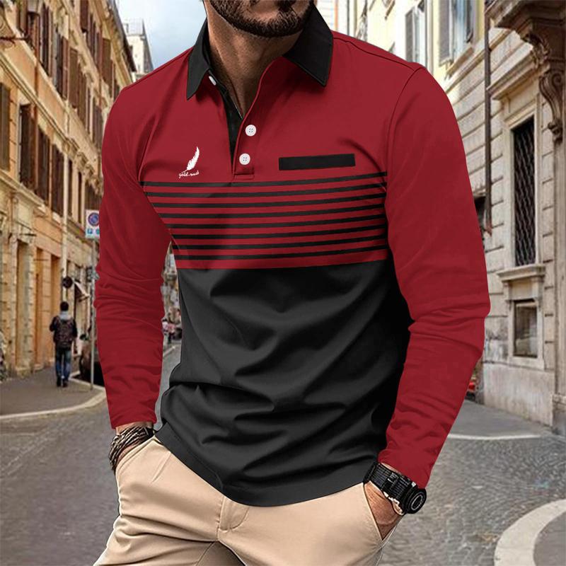Langarm-Poloshirt für Herren im Herbst mit Fake-Pocket-Design, modisches Top-T-Shirt für Herren 3XL rot von Joom DACH
