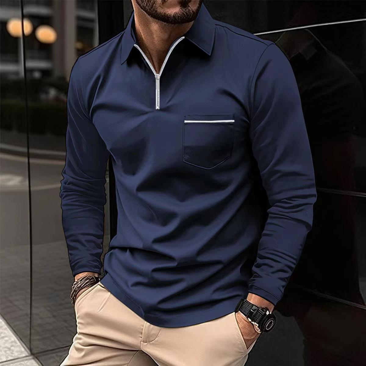 Langarm-Poloshirt für Herren mit Reißverschlusstasche - Europäischer und amerikanischer Stil, grenzüberschreitende Herbstkollektion XL navy blau Langarm-Poloshirt für Herren mit Reißverschlusstasche - Europäischer und amerikanischer Stil, grenzüberschreitende Herbstkollektion XL navy blau von Joom DACH