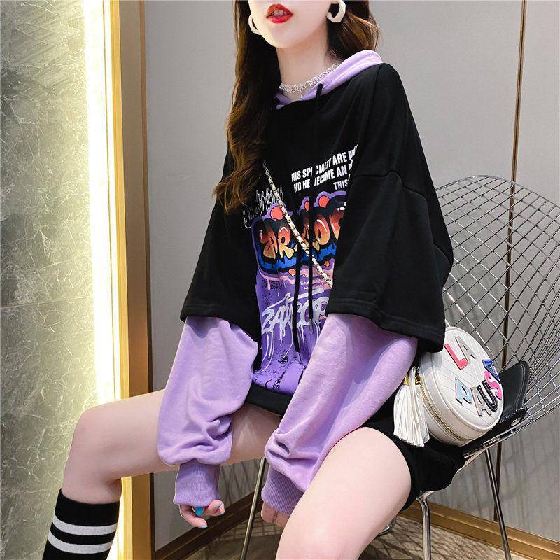 Langarm Pullover Mit Kapuze Sweatshirts Mode Lose Casual Patchwork Druck Schnürung Streetwear Junge Stil Frauen Kleidung M schwarz von Joom DACH