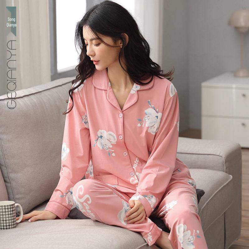 Langarm-Schlafanzug für Damen aus 100 % Baumwolle für Frühling und Herbst: Locker sitzende Homewear für Frauen mittleren Alters L von Joom DACH