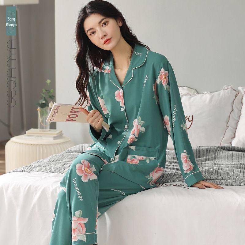 Langarm-Schlafanzug für Damen aus 100 % Baumwolle für Frühling und Herbst: Locker sitzende Homewear für Frauen mittleren Alters XL von Joom DACH