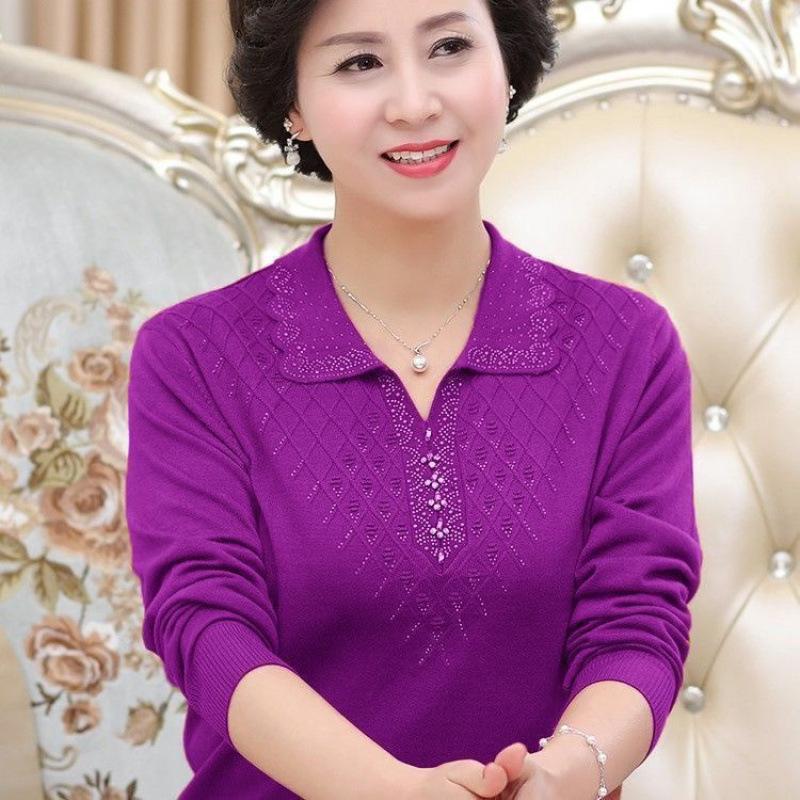 Langarm Strickpullover Locker Dünn Übergröße Umlegekragen Einfarbig Vielseitig Damen Pullover 3XL violett von Joom DACH