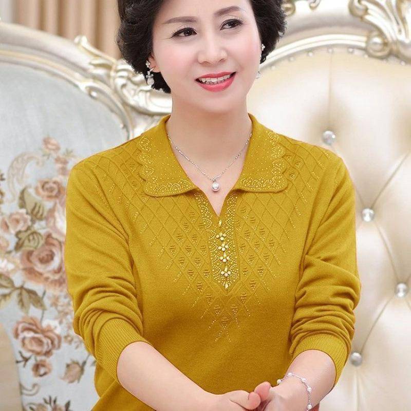 Langarm Strickpullover Locker Dünn Übergröße Umlegekragen Einfarbig Vielseitig Damen Pullover XL gelb von Joom DACH