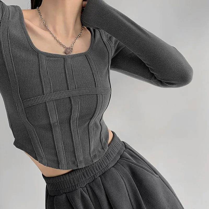 Langarm T-Shirt Damen Slim Unterhemd mit kurzen Oberteilen im Frühling und Herbst Neue Mode XXL grau von Joom DACH