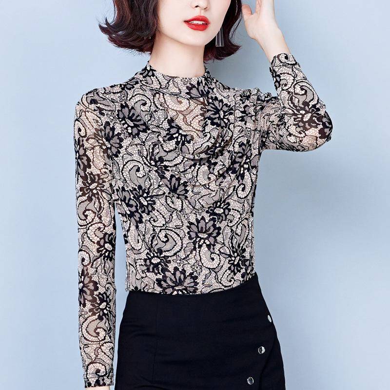 Langarm-T-Shirt für Damen, neues Herbst- und Winter-T-Shirt mit eng anliegendem Print und halbhohem Halsausschnitt und Mesh-Basis für Damen 5XL von Joom DACH