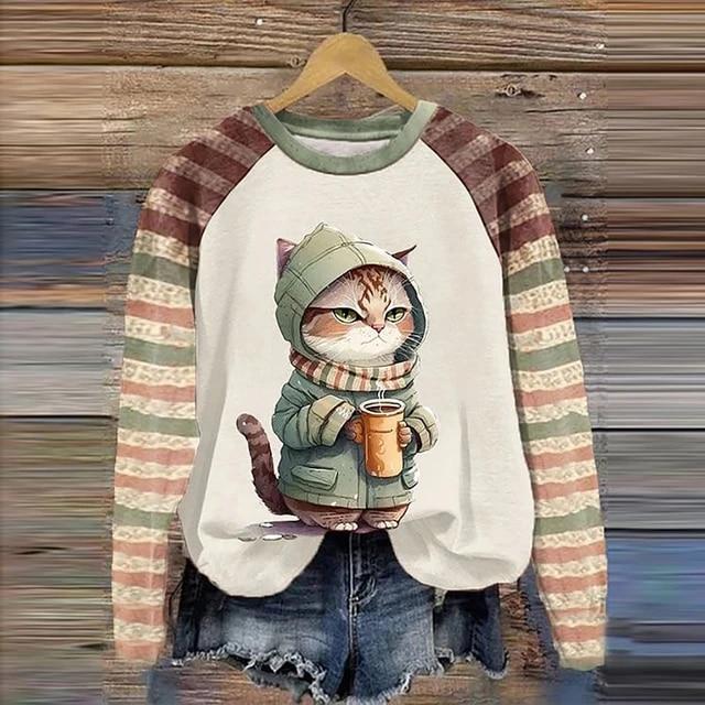 Langarm-T-Shirts für Frauen, lustige Kawaii-Katzentiere, bedruckte Sweatshirts, weiblich, niedlicher O-Ausschnitt-Pullover, Damen-Sweatshirt 3XL von Joom DACH