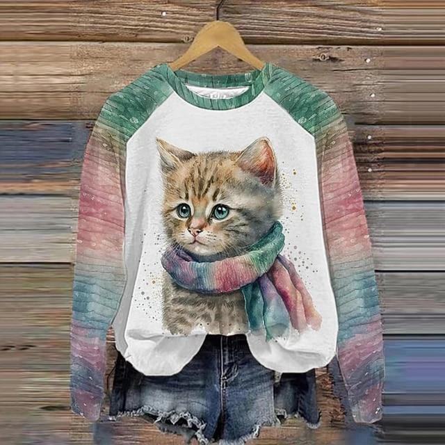 Langarm-T-Shirts für Frauen, lustige Kawaii-Katzentiere, bedruckte Sweatshirts, weiblich, niedlicher O-Ausschnitt-Pullover, Damen-Sweatshirt XL von Joom DACH