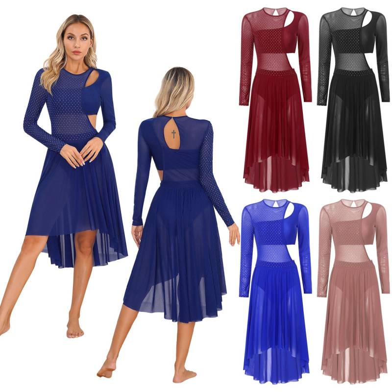 Langarm-Tanzkleid für Damen, glänzender Strassstein, lyrisches Ballett-Trikotkleid, Ballsaal-Eiskunstlauf-Kleider M von Joom DACH