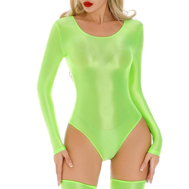 Langarm-Trikot für Damen, glänzender Bodysuit, dehnbar, Fitnessbekleidung, Nachtclub-Outfit, nahtlose Performance-Kleidung L fluoreszierende gelbe von Joom DACH