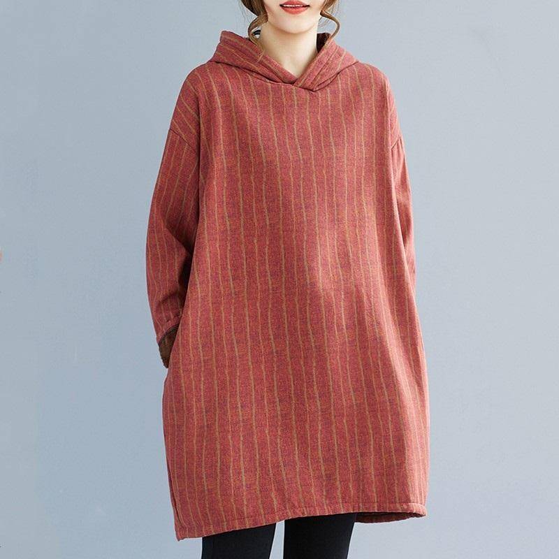 Langarm Übergröße Baumwolle Kapuzenpullover Vintage Streifen Neu in Kleider für Damen lässig locker Mini Frühling Herbst Winterkleid von Joom DACH