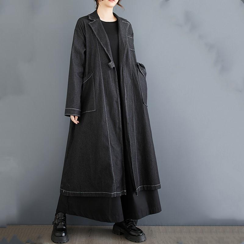Langarm übergroßer Denim Vintage lässig locker Herbst Frühling offener Stich Trenchcoat für Damen Oberbekleidung schwarz von Joom DACH
