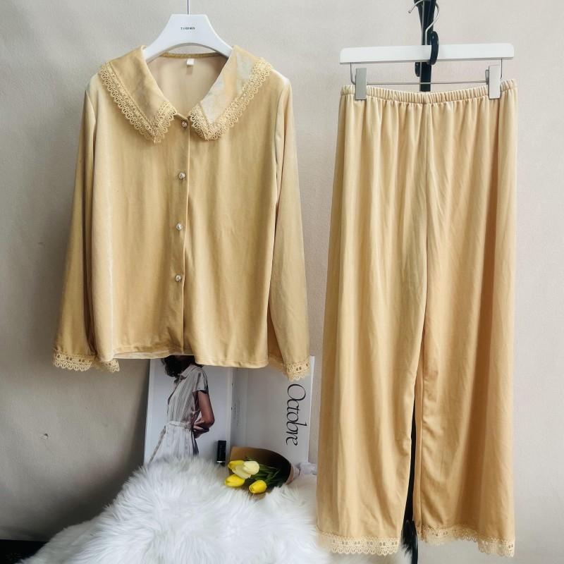 Langarmshirt und Hose 2-teiliger Pyjama für Herbst und Winter für Damen, Samt, Nachtwäsche, Loungewear, Heimkleidung, einfarbig XL gelb von Joom DACH
