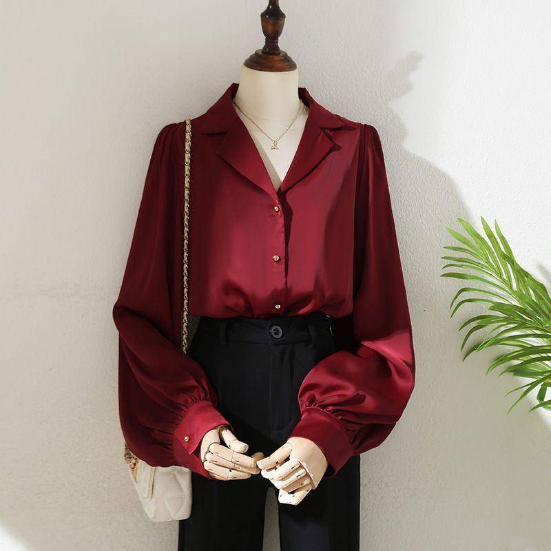 Langarmshirts Damen Drapieren Satin Vintage Solide Trendy All-Match Französischer Stil Klassisch Freizeit Elegant Zart Frühling Mujer S bordeaux von Joom DACH