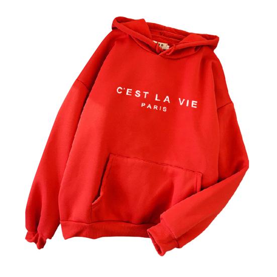 Lange Ärmel Fronttasche Kordelzug Fleece Futter Pullover Hoodie Herbst Winter Brief gedruckt lose Frauen Sweatshirt Streetwear 2XL rot von Joom DACH
