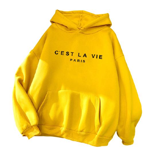 Lange Ärmel Fronttasche Kordelzug Fleece Futter Pullover Hoodie Herbst Winter Brief gedruckt lose Frauen Sweatshirt Streetwear M gelb von Joom DACH