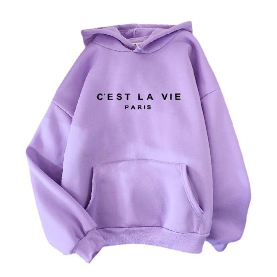 Lange Ärmel Fronttasche Kordelzug Fleece Futter Pullover Hoodie Herbst Winter Brief gedruckt lose Frauen Sweatshirt Streetwear M violett von Joom DACH