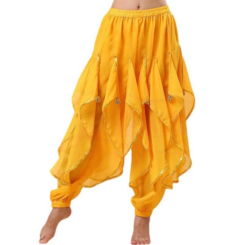 Lange Chiffon-Bauchtanz-Haremshose, Tribal-Arabische Halloween-Hose mit Goldbesatz, Tanzhose für Frauen One size gelb von Joom DACH
