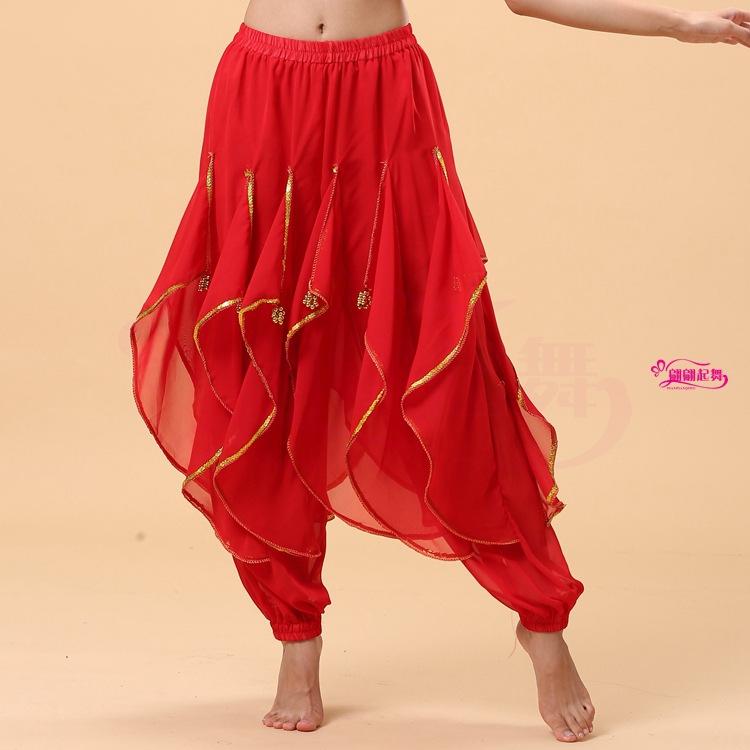 Lange Chiffon-Bauchtanz-Haremshose, Tribal-Arabische Halloween-Hose mit Goldbesatz, Tanzhose für Frauen One size rot von Joom DACH