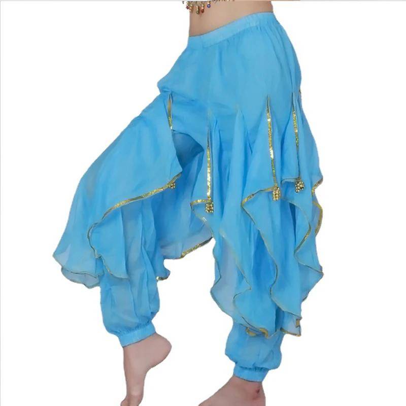 Lange Chiffon-Bauchtanz-Haremshose, Tribal-Arabische Halloween-Hose mit Goldbesatz, Tanzhose für Frauen One size see-blaue von Joom DACH