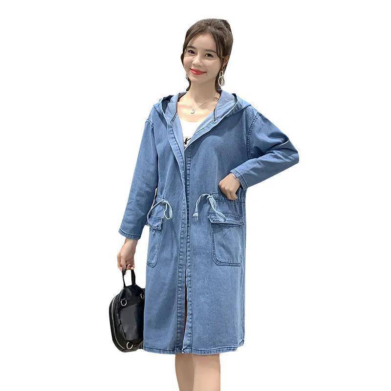 Lange Jeansjacke Damen Wild Loose BF Casual All-Match Windjacke Damen Taille Kapuze Denim Windjacke Warme Jacke XXL von Joom DACH