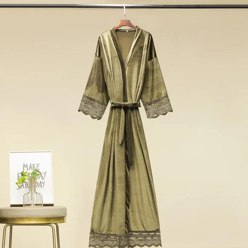 Lange Samtrobes mit Spitzenrobe für Damen, Brautjungfern, Kimono, Bademantel, Party, weich, für Damen, Hochzeit, Homewear, warmer Samtrobe Plus size von Joom DACH