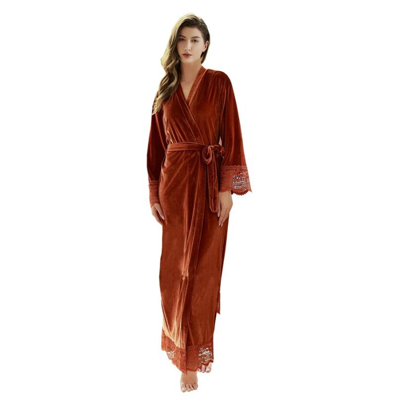 Lange Samtrobes mit Spitzenrobe für Damen, Brautjungfern, Kimono, Bademantel, Party, weich, für Damen, Hochzeit, Homewear, warmer Samtrobe Plus size von Joom DACH