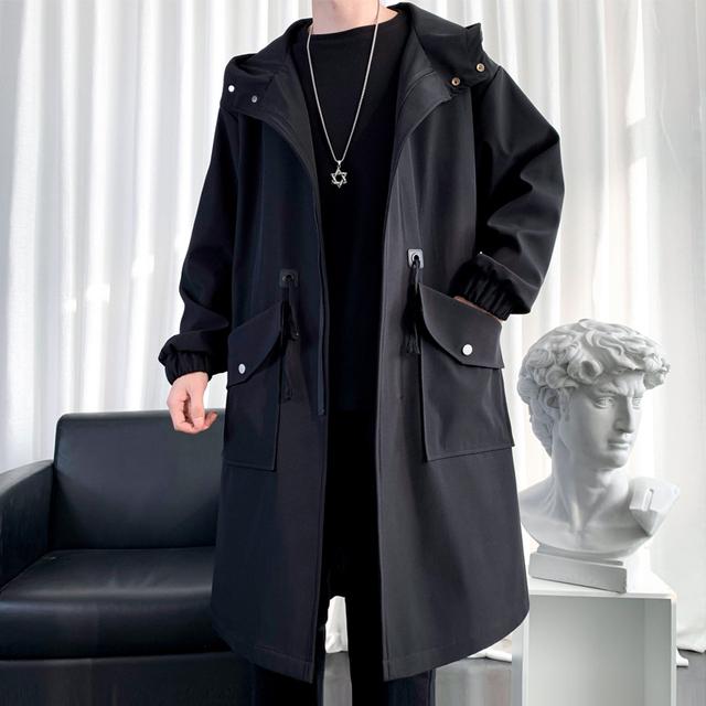 Lange Trenchcoat Jacke Männer Baumwolle Herbst Frühling Schwarz Hip Hop Japanische Mäntel Streetwear männer Mit Kapuze Armee Grün Casual jacken M schwarz von Joom DACH