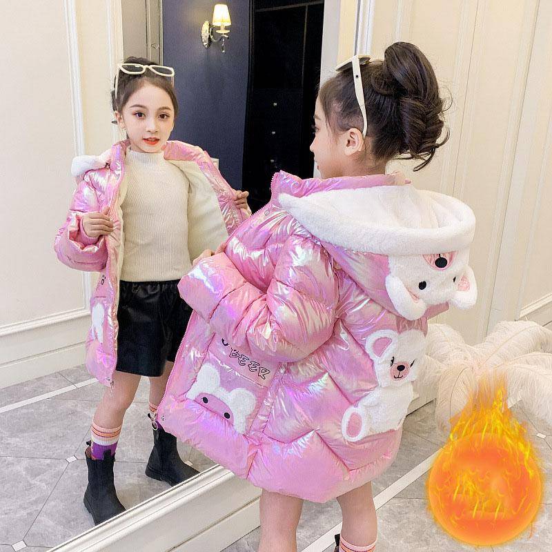 Lange Winter-Daunenjacke mit niedlichen Bärenmänteln für Mädchen, Parkas, modisch, helle Kapuze, wasserdichte Oberbekleidung für Kinder 120 rosa von Joom DACH